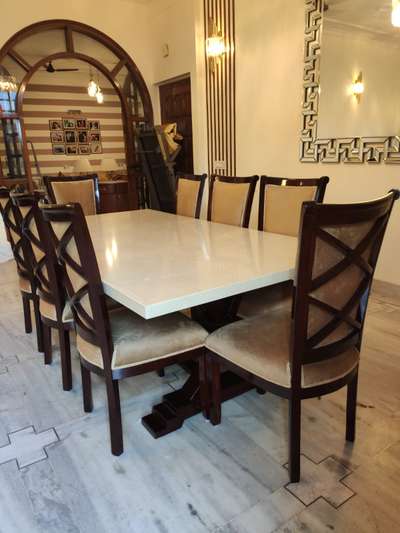 Dinning table + marble+ 8 carving chairs with material 140000 rs