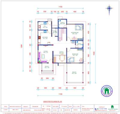 12 Cent ൽ 4BHK സൗകര്യത്തിൽ കാർ പോർച്ച് ഉപ്പെടെ 2400 Sqft വിസ്തീർണ്ണമുള്ള കിഴക്ക് ദർശനത്തിലുള്ള വീടിൻ്റെ പ്ലാൻ.