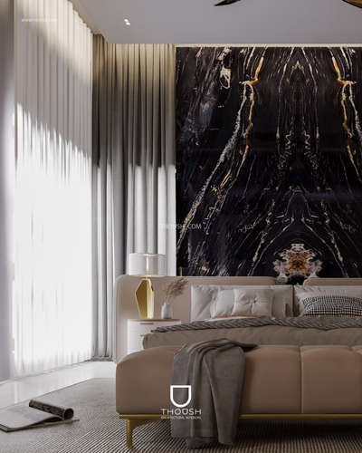 This bedroom design features a striking natural stone accent wall paired with soft neutral textures — delivering a perfect balance of luxury and comfort.  #MasterBedroom  #InteriorDesigner  #Architectural&Interior #architecturedesigns