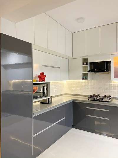 Trending colour combinations White + Gray|Modular kitchen  #ModularKitchen  #LShapeKitchen  #white  #gray