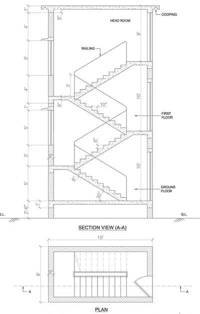 Staircase section details  # section # stairs # 2D drawings # civil engineer # plan # dog logged staircase