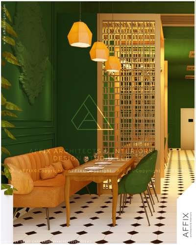 Bold vibrant and effortlessly elegant.
This stunning café interior brings through rich green walls,
warm mustard sealing, and golden accents for a luxurious yet inviting ambiance.
A beautiful combination of colors, texture and style! #Architect  #architecturedesigns  #Architectural&Interior  #architecturekerala  #kerala_architecture  #best_architect #cafeinteriors  #restaurant_bar_cafe_designer