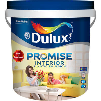 *Dulux Promise Interior 20ltr*
Product Description

Dulux Promise Interior is a water based acrylic emulsion paint. Its unique Anti Bacterial formula inhibits the growth of bacteria on walls. Powered with Anti chalking properties, it prevents the paint film from chalking due to environmental elements. Dulux Promise Interior is also equipped with Special Chroma Brite Technology which delivers richer brighter colours, making the walls of your home look radiant and beautiful for years to come.

Application Description

Step 1: Surface Preparation Prime surface with a coat of Dulux Promise Primer or Duwel Water based Primer/IAP (32-3168) and dry overnight. Smoothen the surface by filling dents with thin coats of Duwel Acrylic Putty. Allow drying for 4-6 hours. Apply another coat of Dulux Promise Primer or Duwel Water Based Primer/ IAP (32-3168). Step 2 : Application Process Apply 2 coats of Dulux Promise Interior thinned with 500-600 ml of water for 1 litre of paint with 4-6 hours interval between the coats. Recommended thinning for dark colour is 300-400 ml water. Dark shades might require up to 3 coats of paint. Step 3 : Drying Time Recoating time is up to 4 hours and touch dry is up to 30mins.

Health & Safety

No added Lead, Mercury and chromium compounds. Lead content in dried paint film does not exceed 90 parts per million. Treatments such as sanding, burning off etc of paint films may generate hazardous dust and other fumes. Refer Safety Data Sheet for more details.