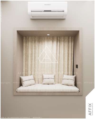 Bedroom featured with a cozy bay window seat built into a deep wooden frame. A small spotlight is set into the ceiling of the niche to provide soft light for reading. The back is covered in a light, textured fabric that adds a soft touch to the clean lines. These simple architectural features make the space look neat and modern. #Architect  #architecturedesigns  #architact  #kerala_architecture  #architecturedesign   #best_architect