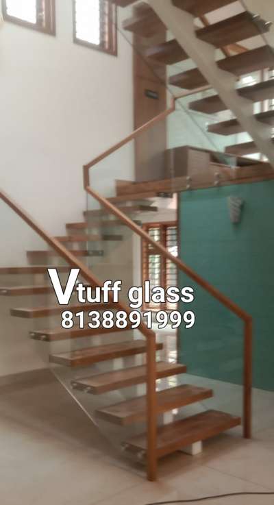 12mm toughened glass handrail with teak wood toprail,, 800/sqft