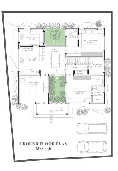 Housing plan under 2500 sqft. with 4 bhk and Courtyard  #FloorPlans  # #Architectural&Interior  #NorthFacingPlan