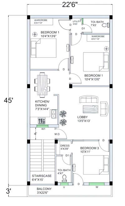 22 x 45 feet House Plan