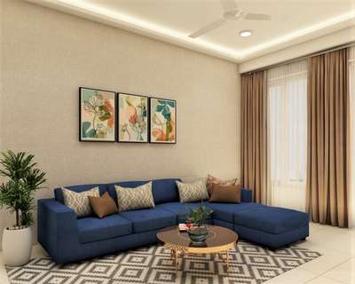 Get this modern living room with stunning L-shaped blue sofa, round coffee table and geometric B&W rug. The colour scheme of the room is subtle, with a hint of blue and beige. The curtains, cushions and wall paper in biege shade complement the theme. #interior #decor #ideas #home #interiordesign #indian #colourful #decorshopping