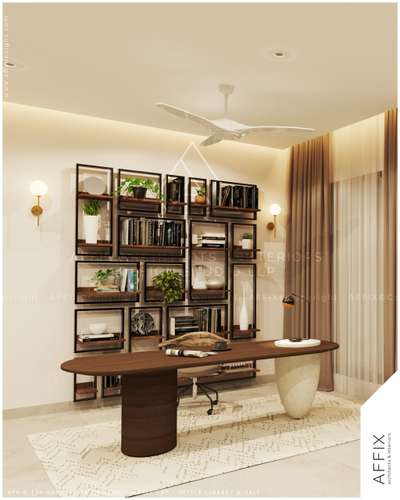 A refined home office library where function meets sculptural elegance—featuring a fluid desk form paired with an open, grid-style shelving system that adds depth and visual rhythm. Clean painted walls keep the backdrop minimal, allowing books, décor, and greenery to stand out. Soft lighting, sheer drapes, and warm wood tones create a calm, focused environment, reflecting a contemporary design language with an intellectual and inviting character. #Architect  #architecturedesigns  #Architectural&Interior  #architecturekerala  #best_architect