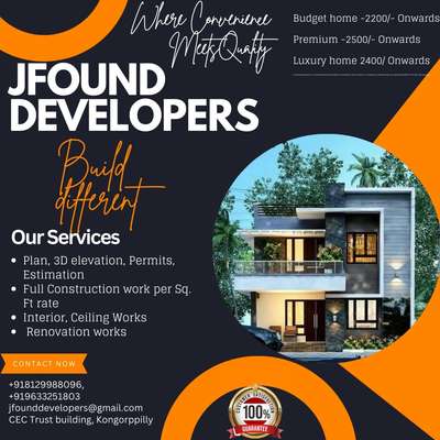 JFOUND DEVELOPERS-
"BUILD DIFFERENT "               വലിയ അവകാശവാദങ്ങൾ ഇല്ല.. വാഗ്ദാനങ്ങൾ ഇല്ല... നിങ്ങളുടെ ഒരു വീട് എന്ന സ്വപ്നം നിശ്ചിത കാലയളവിൽ നിങ്ങളുടെ ബഡ്ജറ്റ്നു  അനുസരിച്ചു  ഗുണമേന്മയേറിയ മെറ്റീരിയൽസ് ഉപയോഗിച്ച് പൂർണ ആത്മാർത്ഥതയുടെയും ഉത്തരവാദിത്തത്തോടെയും
ഫുൾ ഫിനിഷ് ൽ വർക്ക്‌ ഏറ്റെടുത്തു പൂർത്തീകരിച്ചു നൽകുന്നു.                                         JFOUND DEVELOPERS🏡 "Where convenience meet quality... #Builddifferent#