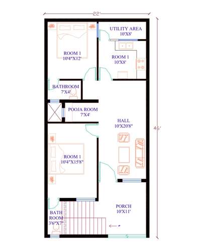 ground FLOOR PLAN 22'X46' #FloorPlans #constructiondrawings #ElevationDesign #3DPlans