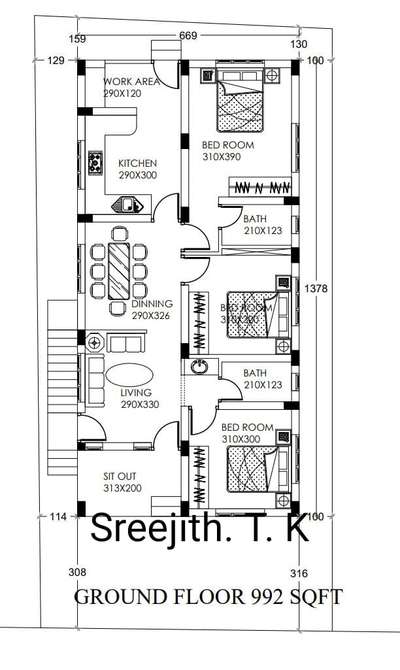 3 bed റൂം ഇൽ നിർമ്മിക്കാവുന്ന 1000 Sqft വീട്.