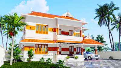 #Traditional Kerala Style.
# My Design

Place : Guruvayur
Style: Kerala Traditional
Area: 1344+1130=2474
Rate: Around 50 Lakh's 
 
Ground Floor:- Sitout,Pooja Room,Living, Dining, Semi Open Kitchen, Work area,Common Toilet,Two Dress and Bath attached Bed rooms. 
First Floor:- Balcony, Family Living, Study Area, Covered Utility Area, Three Dress and Bath Attached Bed Rooms.