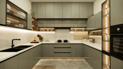 A modern and functional kitchen with a sleek design and a neutral color palette. The kitchen features a U-shaped layout with ample counter space, storage, and a stylish backsplash.