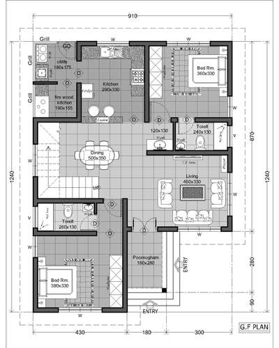 2D model Plan # Ground floor area - 1077 square feet #first floor area - 735 square feet #Total area - 1812 square feet.
location:sulthan batheri,Wayanad