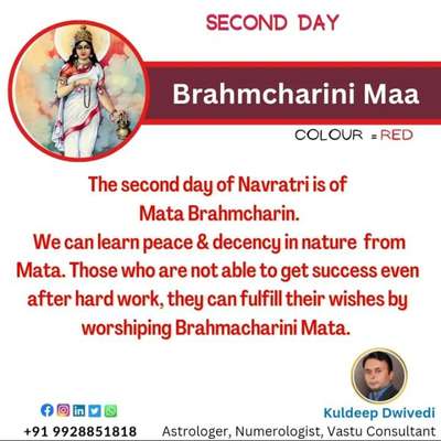 The second day of Navratri is of Mata Brahmcharin.

We can learn peace & decency in nature from Mata. Those who are not able to get success even after hard work, they can fulfill their wishes by worshiping Brahmacharini Mata.
.
.
.
#mata_brahmcharin #mata_shailputri #navratri2023 #garba #ma_durga #dandiya #astrologerkuldeep #vastushastra #astrology #bestastrologer_in_udaipur #sprituality
