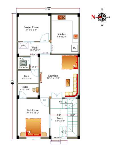 20'X40'-800sq.ft.-GROUND FLOOR-2BHK-WEST FACE PLAN