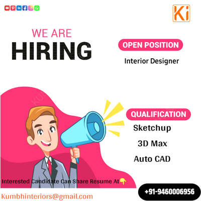 #InteriorDesigner 
#architecture 
#completed_house_project  #planing #KUMBH #interiors 

#We are hiring now!#

INTERIOR DESIGNER Specialist in 
Auto CAD, 
3D Max, 
Sketchup 
Required Diploma/Degree of Interior Design or related program with 2 to 3 years working experience.
Send your resume and

 portfolio at:
Kumbhinteriors@gmail.com
visit us at  
http://www.kumbhinteriors.com for more information.