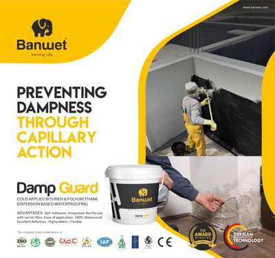 PREVENTING DAMPNESS
THROUGH CAPILLARY ACTION
--
𝗗𝗮𝗺𝗽 𝗚𝘂𝗮𝗿𝗱
Damp Guard is a single component, water based cold applied bitumen and polyurethane dispersion based waterproofing, specially designed for plinth beam, to form an excellent waterproofing membrane for capillary dampness. It is an Integral Recron Fibre Modified Waterproofing Coating.
--
TYPICAL USE: Specially recommended for plinth beam.
--
ADVANTAGES: Self Adhesive, Reinforced, Ease of application. 100% Waterproof,  Excellent Adhesion,   Highly elastic,  Flexible.
---
#DampGuard #dampproof #Air_Sprayer #surfix #tile_adhesive #tile_on_tile #Heatproofing #Warm_proof #GI_Sheets  #Asbestos  #Banwet_Waterproofing_Solutions #BanWithBanwet #GermanTechnology #Leakage #Dampness #WallProtection #HomeProtection #BanwetServingLife #TerraceWaterproofing #TerraceProtection #Construction #Chemicals #PUFlexLM #AcryLFlex2k #Cement #Coating #BuildingProtection #BestWaterproofingCompany #tile_on_tile #DuroSealent #2k