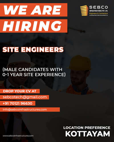 WE ARE HIRING.
SITE ENGINEERS 
Male Candidates With 0-1 Year Experience

DROP YOUR CV AND PORTFOLIO AT
sebcotech@gmail.com
+91 70121 96630
info@sebcoinfrastructures.com

#hiring #hiringnow #civilengineeers #civilengineering #constructioncompany #jobopenings #jobopportunity #opportunity #jobs #company #sebcoinfrastructures