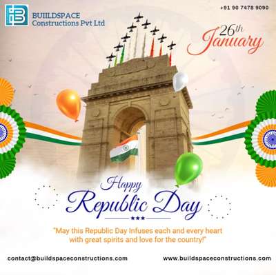 Wishing everyone a joyful and prosperous Republic Day! May our nation continue to build on its strong foundation of freedom, unity, and justice. At BUILDSPACE Constructions, we strive to contribute by building structures that not only house dreams but also reflect the strength and resilience of our country.

Contact us today to discuss your project and embark on a journey of transforming your visions into tangible structures that will stand the test of time.

📞 M: +91 90 7478 9090
📧 E: contact@buildspaceconstructions.com
🌐 W: www.buildspaceconstructions.com

Discover the joy of living in a home that is truly yours with BUILDSPACE Constructions. 🏡✨