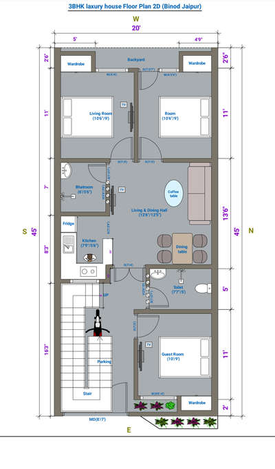 3BHK laxury house Floor Plan 2D layout