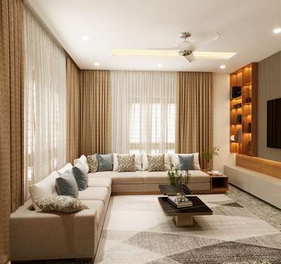 🛋️ Contemporary Living Room Interior 3D Visualization by Nebaioth Projects 
Experience a refined blend of comfort and modern aesthetics through this 3D rendered view of a custom-designed living room, focusing on clean geometry and efficient space utilization for a warm, contemporary ambience. At [Your Company Name], every detail, including the L-shaped sofa configuration, layered window treatments, and bespoke TV unit, is executed following Indian Standard Codes (like IS 3364, IS 303/IS 710, and IS 456) to ensure structural safety, durability, and long-term performance. Every component in the visual—from paneling to concealed wiring and finishes—is designed with precision for performance, comfort, and quality.
#LivingRoomDesign #InteriorDesign #ContemporaryHome #3DRendering  #ModernInteriors #LShapedSofa #CustomInteriors #IndianStandardCodes #IS456 #ModularDesign #KeralaInteriors #nebaiothprojects #Nebaioth