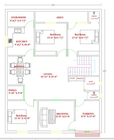 NORTH FACING PLAN 35 X 45