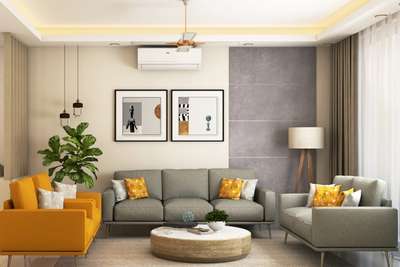 This contemporary-themed living room is complete with a U-shaped sofa set in the shades grey and yellow. The yellow contrasts the colour palette of the space well and adds a pop of colour to the design. The wall art and the low, circular coffee table add to the aesthetic and complement the seating well. #interior #decor #ideas #home #interiordesign #indian #colourful #decorshopping