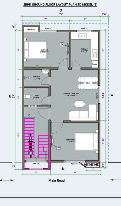 2BHK House floor Plan layout 2D model