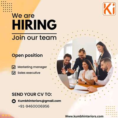 #InteriorDesigner #kumbhinteriors 
#hiring #salesexecutive #sitesupervisor #mansarovar 

*We are hiring now!*
Sales executive & site supervisor 
Required  2 years working experience.
Send your resume and portfolio at:
Kumbhinteriors@gmail.com
visit us at  
http://www.kumbhinteriors.com for more information.