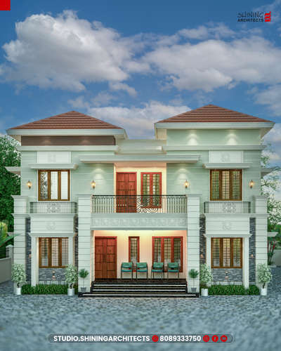 🏛️ Symmetry Meets Splendor ✨
This duplex-style modern elevation is a masterpiece of balanced design and timeless charm. The perfectly symmetrical façade, twin sloped roofs, and refined column details create a sense of grandeur, while soft pastel tones paired with natural stone textures bring warmth and elegance 🪨🌿

The central balcony with intricate railing adds a royal touch, and the wide entrance steps welcome you into a home that blends traditional Kerala sloped roof aesthetics with modern clean lines. Ideal for families who value both heritage and contemporary comfort 🏡❤️

📍Designed by: Shining Architects

🔹Style: Neo-Classical Kerala Villa
🔹Key Features: Symmetrical façade, twin sloped tiled roofs, column accents, natural stone cladding, and traditional window detailing.

#DuplexVilla #SymmetricalDesign #NeoClassicalArchitecture #KeralaStyleHome #SlopedRoofVilla #LuxuryHomeDesign #FrontElevation #ArchitecturalElegance #ShiningArchitect