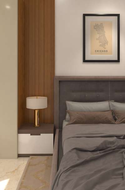 Detail 3d view of Master Bedroom
 #MasterBedroom #masterbedroomdesinger #tablelamp #louverspanel  #WallPainting