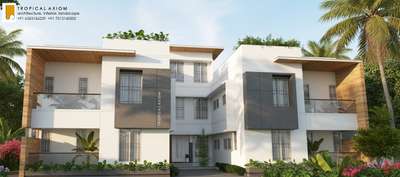 A G+1 contemporary rental residence designed for efficiency and long-term value.
 Planned on a south-facing plot in Thiruvalla, the design accommodates 4 well-planned 2BHK units with open car parking, lift & staircase lobby, balconies, and optimal ventilation — all within permissible setbacks and budget. Clean lines, cost-effective materials, and practical layouts come together for a timeless rental-ready design.
 Architecture & Visualization by Tropical Axiom