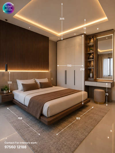 Luxury Wardrobe Design with Study Table | Modern Bedroom Interior Measurements (CM) | Space Saving Design

Description:
Looking for a smart and luxury bedroom wardrobe design with study setup? ✨

This redesigned premium bedroom concept features:
✔ Large wardrobe with practical storage
✔ Attached study table setup
✔ Open display shelves with warm LED lights
✔ Premium wood + cream finish
✔ False ceiling lighting
✔ Clean measurement layout in CM for easy execution

📏 Cutting List (Approx. in CM):
• Total Room Height: 305 CM
• Ceiling Drop: 15 CM
• Wardrobe Height: 210 CM
• Loft Height: 60 CM
• Wardrobe Width: 180 CM
• Study Table Width: 120 CM
• Side Shelf Depth: 45 CM