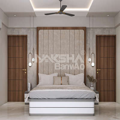 Craving a cozy bedroom retreat? This setup features a plush bed for ultimate relaxation, a ceiling fan to keep you cool, and stylish pendant lights that add a touch of modern flair.  What's your favorite element for creating a comfy bedroom?  
#cozyvibes #InteriorDesigner  #nakshabanwao #BedroomDesigns