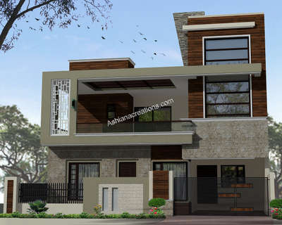 #elevation  #front  #corner  #home exterior design  #exterior  #ashianacreations.com  #40feet front  #modern  #with vrf  #HomeAutomation