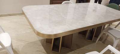 white quartz dining table with brass and coating 8 sitter top n base include in square feet cost  #DiningTable  #InteriorDesigner  #DINING_TABLE