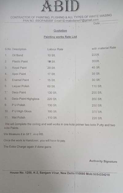 Rate list of All type of Painting and Polishing.
Call me 9654334218