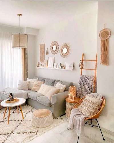Bohemian style apnao with just these 4 products - fluffy cushions in cream and beige, a furry rug, a mirror bordered in either rattan or macrame and a macrame wall hanging.
#interior #decor #ideas #home #interiordesign #indian #colourful 
#decorshopping