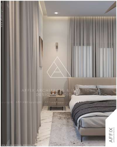 A calm contemporary bedroom designed through a refined palette of warm beige, soft grey, and muted taupe tones. Large-format marble-finish floor tiles establish a clean and luxurious base, while smooth painted walls and a minimal false ceiling with concealed cove lighting enhance the sense of openness.The upholstered bed, positioned centrally against full-height sheer drapery, becomes the focal element of the space, complemented by soft layered textiles and neutral furnishings. Warm wooden accents within the doorway and vanity area introduce natural contrast, while recessed spotlights, wall sconces, and indirect lighting create a balanced ambient atmosphere.The attached dresser zone is subtly integrated into the layout, maintaining spatial continuity and functionality. #Architect  #architecturedesigns  #Architectural&Interior  #kerala_architecture  #architecturedaily  #best_architect  #bedroomdesign