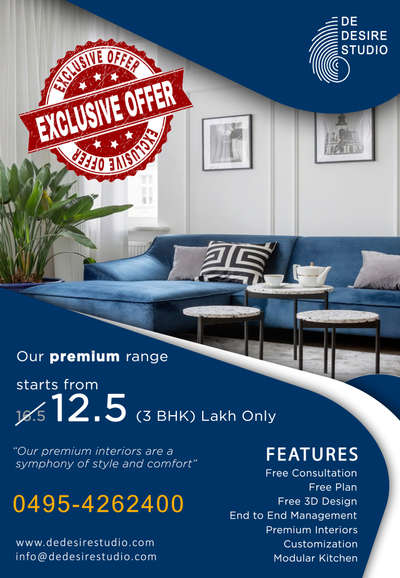 Limited-time offer! Design your dream home with De Desire Studio starting from just Rs. 12.5 lakh for premium interiors. Free consultation, free plan, and free 3D design included! Call us today to book your free consultation on 0495-4262400

#interiordesign #homedesign #sale #discount #kochi #kerala #limitedtimeoffer #dedesirestudio