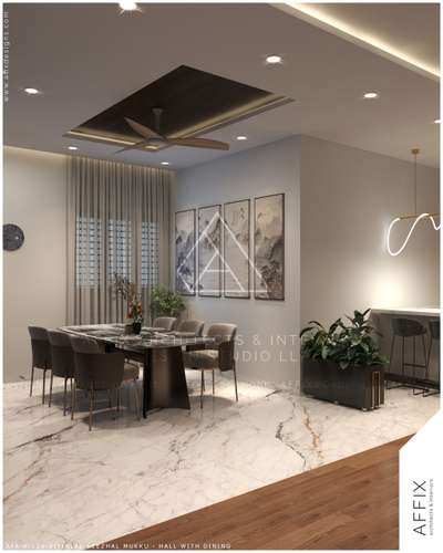 A refined dining zone articulated through a warm neutral palette of beige walls, walnut wood accents, and white marble flooring with bold veining. The dining table is centrally positioned beneath a recessed wooden ceiling panel with integrated cove lighting, while sheer drapes soften natural light. A sculptural pendant and linear bar counter subtly define adjacent functions without disrupting spatial continuity. #Architect  #architecturedesigns  #Architectural&Interior  #architectsinkerala  #architecturedaily  #best_architect  #DiningTable  #diningarea