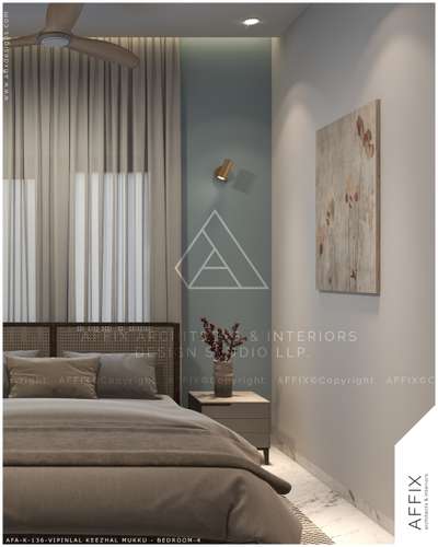 This bedroom uses soft colors, neat lines, and balanced lighting to create a relaxing space that feels light and fresh. The rattan headboard, accent wall, and soft curtains add personality without overwhelming the space #Architect  #architecturedesigns  #Architectural&Interior  #architecturekerala  #kerala_architecture  #best_architect