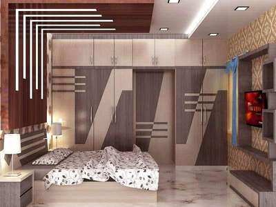 Standard bedroom Interior with bed back wall design and in side wardrobe. #bedroomdesign #bedroom #bedroomdecor #interiordesign #interior #interiordesigner #backwall #backwalldesign #falseceiling #wardrobe #ledunit #interiorshapes #interiorshapesandesigns