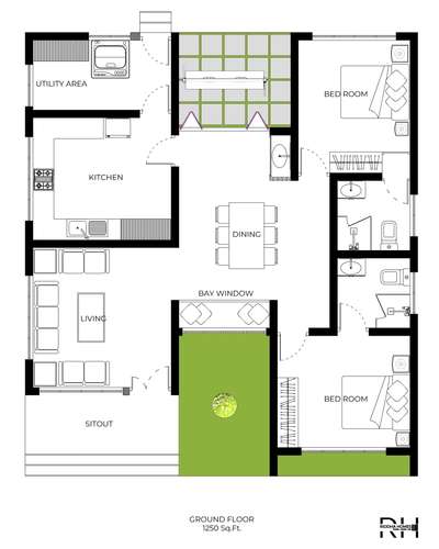 #1250sqft #2BHKHouse #baywindow #trendingdesign  #architecturalplan #Kottayam #Ernakulam #patio #courtyards #gardens  #swing #floorplan