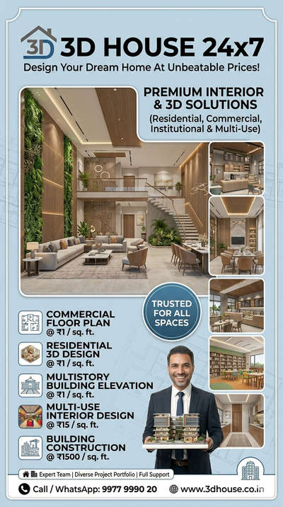 🏡 **Apne Sapno Ka Ghar Banwayein Expert Architects Ke Saath – Budget-Friendly Price Mein!**

Agar aap **House, Bungalow, Apartment, Shop, School ya Commercial Building** banwana chahte hain, to **3D House 24x7** aapke liye lekar aaya hai complete architecture & design solutions.

✔️ Floor Plan @ **₹1 / sq. ft.**  
✔️ 3D House Plan @ **₹1 / sq. ft.**  
✔️ 3D Elevation @ **₹1 / sq. ft.**  
✔️ Elevation Color Combination @ **₹1 / sq. ft.**  
✔️ Complete Architectural Planning @ **₹10 / sq. ft.**  
✔️ 3D Interior Design @ **₹15 / sq. ft.**  
✔️ House Construction @ **₹1500 / sq. ft.**

✨ **Why Choose Us?**  
✅ Modern & Attractive Designs  
✅ Affordable Price  
✅ Experienced Team  
✅ Complete Planning to Construction Support  

👉 **Hamare Work Dekhein:**  
🌐 **www.3dhouse.co.in**  

**3D House 24x7 – Trusted Architecture, Planning & Design Solutions**

#3DHouse24x7 #DreamHome #HouseDesign #FloorPlan #3DHousePlan #3DElevation #ElevationDesign #Architect