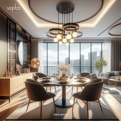 4 seater dining space interior . 
 #DiningChairs  #DiningTable  #RoundDiningTable  #4seater  #chandeliers  #pendantlight  #WoodenFlooring  #curtainwall  #glasswindow