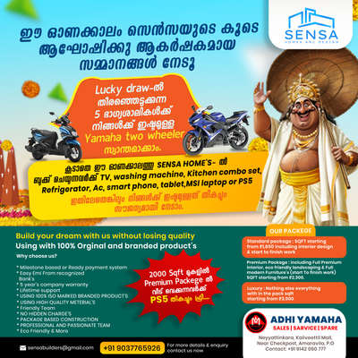 Celebrate this Chingam and Onam auspicious season with Sensa Homes! 👷🏻

Our Chingam and Onam bookings are now live. Build your dream home with us on this festive season and stand a chance to win a Yamaha two-wheeler along with other exciting offers. Secure your dream home on this auspicious season with Sensa Homes. ! 👷🏻🚧

🚧 Our services available All over kerala.

 #homeconstruction #sensahomes