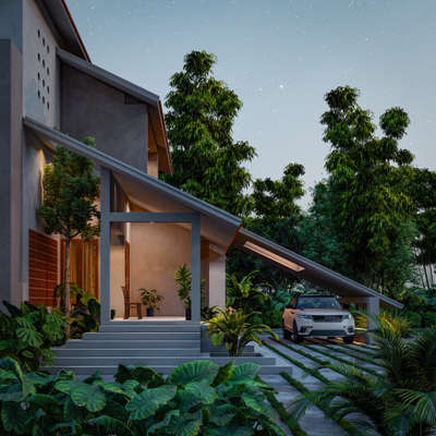 Modern comfort meets rustic charm in this 4BHK with a stylish sloped roof 🏡  #SlopingRoofHouse #3d #architecturedesigns #KeralaStyleHouse #keralastyle